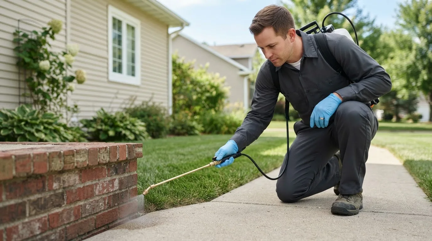 Pest control technician treating a home near Temple, NH